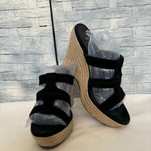 UGG Sz 9.5‎ Black Suede Espadrille Wedge Sandals Platform Heels